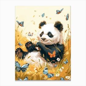 Giant Panda Cub Playing With Butterflies Storybook Illustration 3 Canvas Print