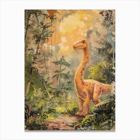 Dinosaur In The Leaves Vintage Storybook Painting Canvas Print