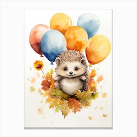 Hedgehog Flying With Autumn Fall Pumpkins And Balloons Watercolour Nursery 1 Canvas Print
