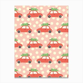 Little Red Cars with Bright Green Christmas Trees Light Pink and Cream Polka Dot Canvas Print