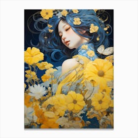 Girl With Blue Hair And Yellow Flowers Canvas Print