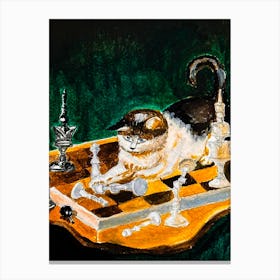 Cat On Chessboard Canvas Print