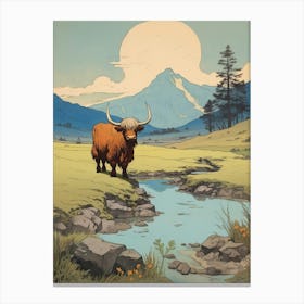 Highland Cow In The Distance With River Canvas Print