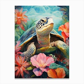 Leatherback Turtle And Tropical Flowers Canvas Print