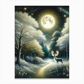 Reindeer In Magical Nighttime Forest AI Canvas Print