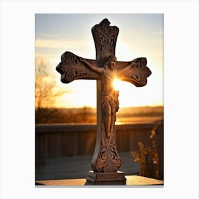 An Intricately Carved Wooden Cross Representing Faith Its Silhouette Beautifully Etched Against Thi (3) Canvas Print