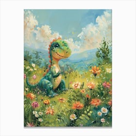 Cute Dinosaur In A Meadow Storybook Painting 1 Canvas Print