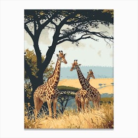 Herd Of Giraffes Resting Under The Tree Modern Illiustration 6 Canvas Print