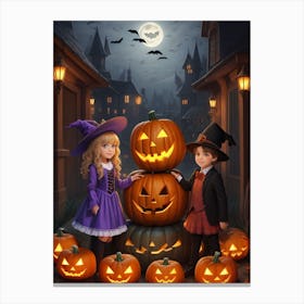 Children With Halloween Pumpkins 4 Canvas Print