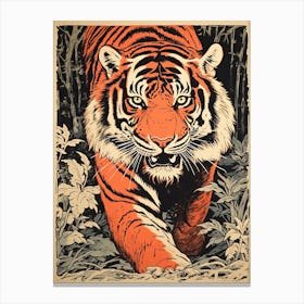 Tiger Art In Woodblock Printing Style 4 Canvas Print