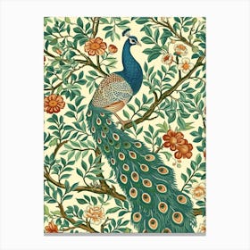 Turquoise Peacock Vintage Wallpaper With Leaves Canvas Print