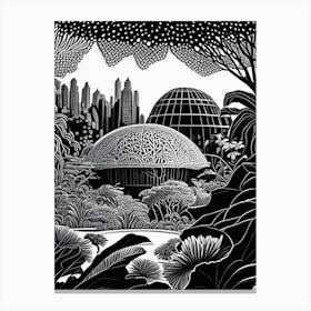 Gardens By The Bay, 1, Singapore Linocut Black And White Vintage Canvas Print