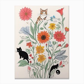 Black Cats And Flowers Canvas Print