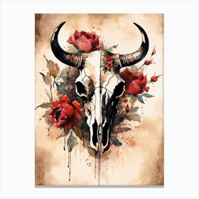 Vintage Boho Bull Skull Flowers Painting (1) Canvas Print