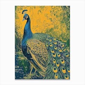 Blue Mustard Peacock Linocut Inspired 3 Canvas Print