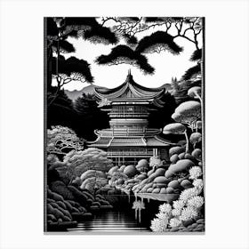 Ginkaku Ji Temple, Japan Linocut Black And White Vintage Canvas Print