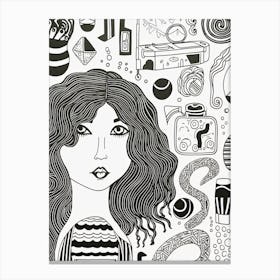 A Woman Thoughts Black And White Line Art Canvas Print