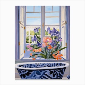 A Bathtube Full Iris In A Bathroom 1 Canvas Print