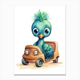 Baby Peacock On A Toy Car, Watercolour Nursery 0 Canvas Print