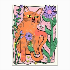 Cute Orange Cat With Flowers Illustration 2 Canvas Print