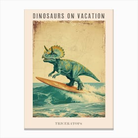 Vintage Triceratops Dinosaur On A Surf Board 2 Poster Canvas Print