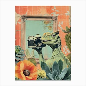 Retro Collage Dinosaur Taking A Photo On An Analogue Camera 1 Canvas Print