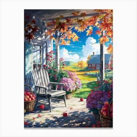 Anime Canvas Art: Rustic Autumn Porch with Apples, Vibrant Flowers, and Rolling Fields, Perfect for Lofi Aesthetic and Cozy Nature Art Lovers. Canvas Print