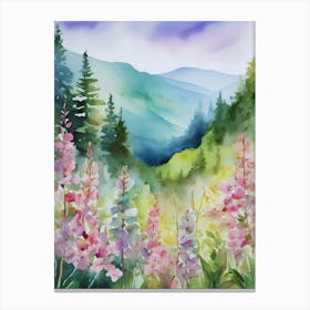 Smoky Mountains Painting, Spring Flowers, Watercolor Art, Appalachian Mountain Landscape Wall Art, Mountain Forest Print..184 Canvas Print