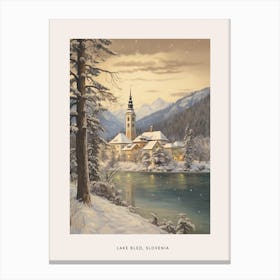 Vintage Winter Poster Lake Bled Slovenia 1 Canvas Print