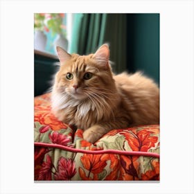 Realistic Photography Of Cat Resting On Floral Ottoman 3 Canvas Print