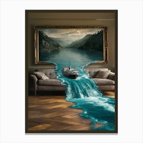 Surreal Escape River From Oil Painting Spills Into Living Room Scene 3 Canvas Print