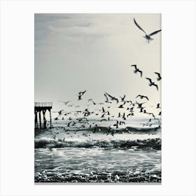 Seagulls Flying Over Pier Canvas Print