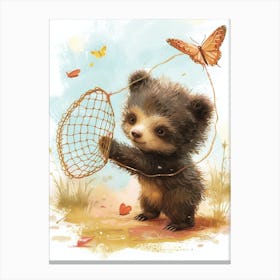 Sloth Bear Cub Playing With A Butterfly Net Storybook Illustration 3 Canvas Print