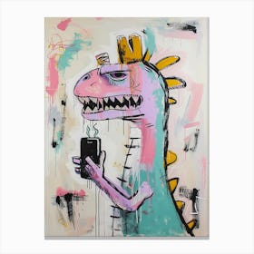 Dinosaur On A Smart Phone Pink Lilac Graffiti Style 1 Canvas Print