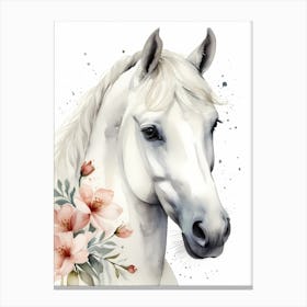 Floral White Horse Watercolor Painting (16) Canvas Print