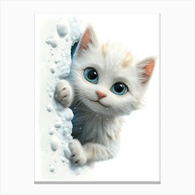 Cute Kitten Cat Peeking From Snow 1 Canvas Print