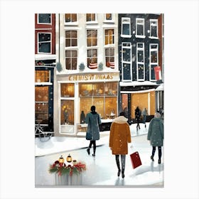 Amsterdam cafes, winter season, Christmas, autumn oil colors, pale colors, pedestrians in the street, winter clothes, falling snow.8 2 Canvas Print