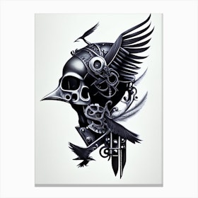 Skull With Bird Motifs 3 Black And White Stream Punk Canvas Print
