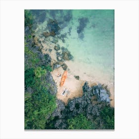 Sandy Beach, A Boat, Sea, Top View, Oil Painting Canvas Print