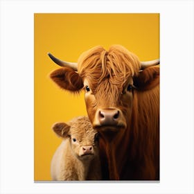 Yellow Photographic Portrait Of Highland Cow And Calf Canvas Print