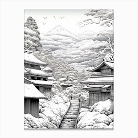 Shirakawa Go In Gifu, Ukiyo E Black And White Line Art Drawing 2 Canvas Print
