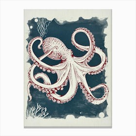 Red Linocut Inspired Octopus 1 Canvas Print