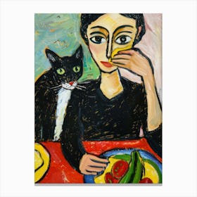 Portrait Of A Woman With Cats Having Lunch Canvas Print