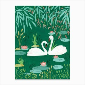 Twin Swan In Green Pond Canvas Print