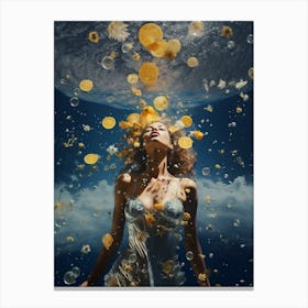 cosmic portrait of woman surround by stardust and lemons Canvas Print