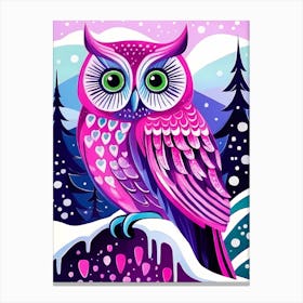 Pink Owl Snowy Landscape Painting (134) Canvas Print