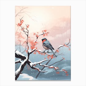 Lone Bird Perching On Snowy Branches 3 Canvas Print