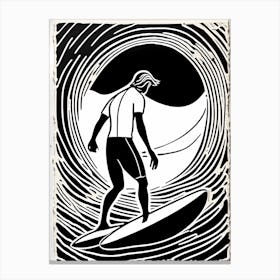 Linocut Black And White Surfer On A Wave art, surfing art, 252 Canvas Print
