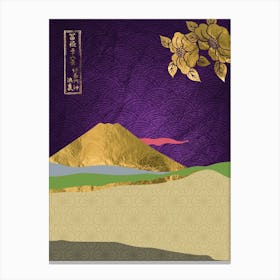 Japanese Mountain - Japanese Gold landscape with mountain, Japanese golden poster, purple and green Canvas Print