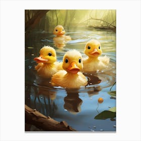 Animated Ducklings Swimming In The River 5 Canvas Print